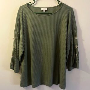 Loft Army Green Ribbed 3/4 Sleeve Top with Unique Button Sleeves and Round Neck.